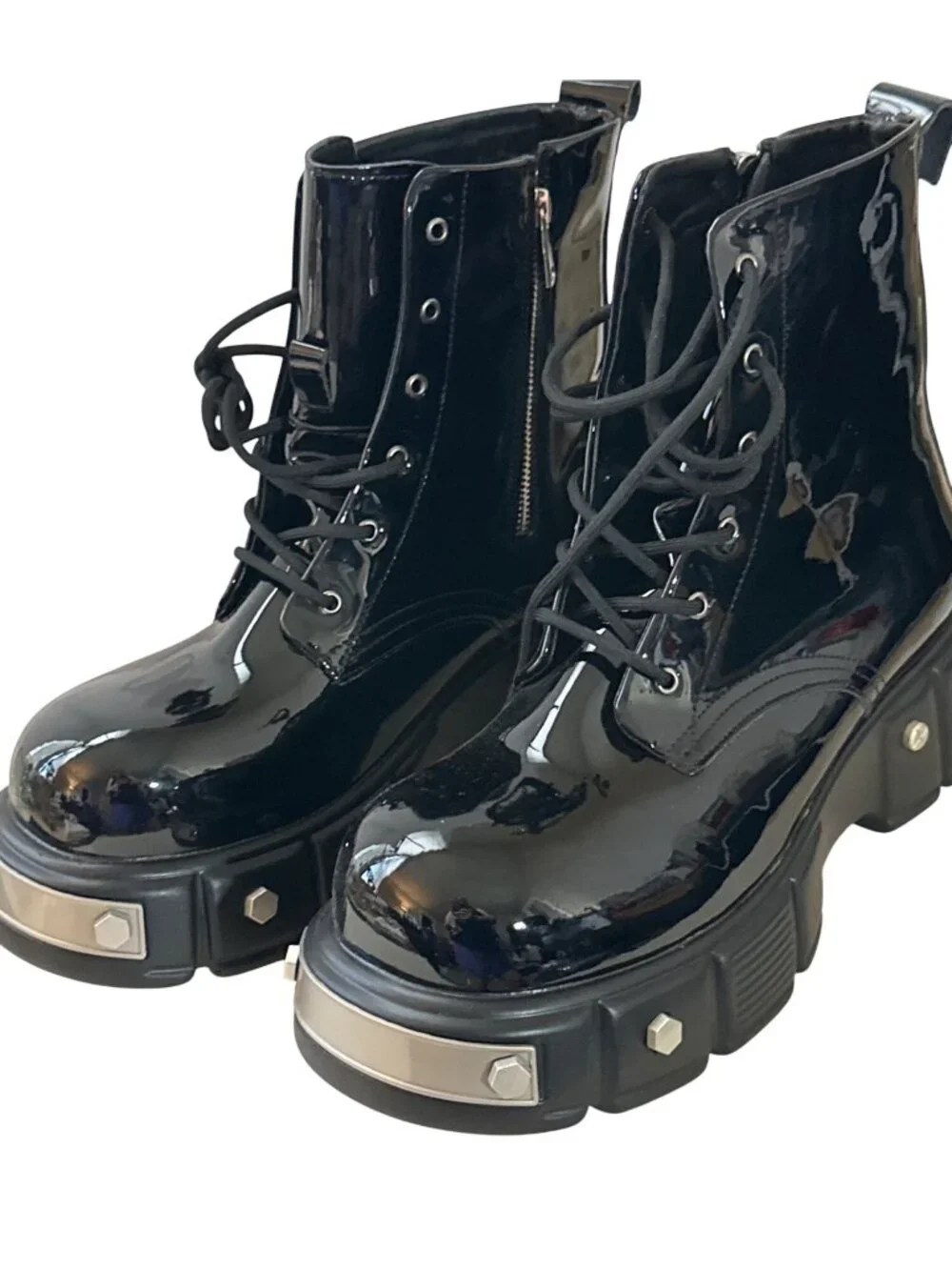 Black Platform Combat Boots Men 12 Goth Chunky Punk Metal Hardware Lace-Up Zip